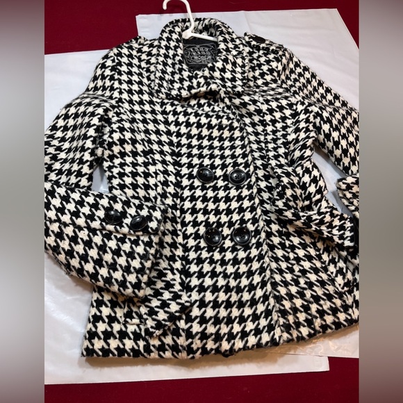 Last Kiss BIG Black Houndstooth Belted Acrylic Peacoat Pockets high Collar Lined - Picture 5 of 15